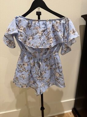 Everly Light Blue Floral Off-Shoulder Romper